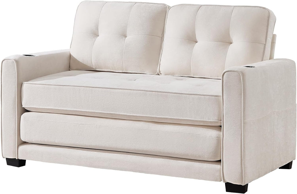 Convertible Sofa Bed, Pull Out Loveseat Sleeper Couch,Linen Fabric 2 in 1 Folding Couch Bed, Fold Out Floor Futon Couches with Cup Holder for Living Room, Bedroom,Small Space, Beige