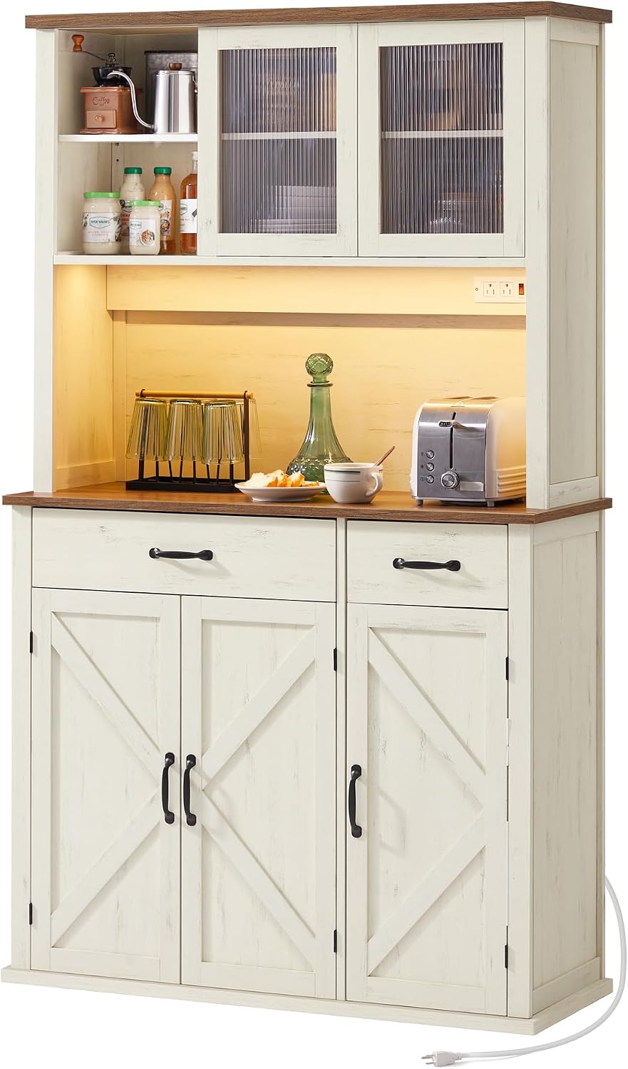 VASAGLE Pantry Cabinet with Lights and Charging Station, Kitchen Storage Cabinet with Doors and Drawers, 15.6 x 41.9 x 71.1 Inches, Adjustable Shelves, Farmhouse Style, Rustic White UBBK391W01