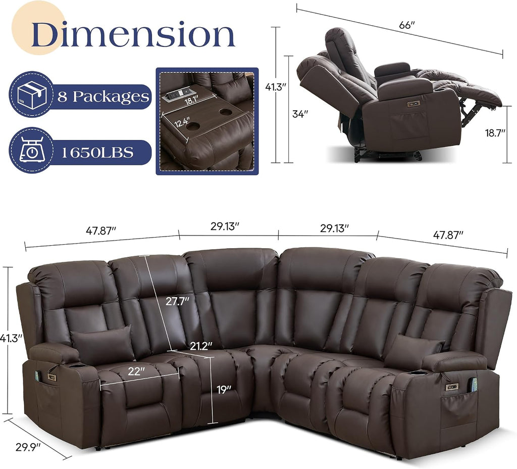 TUNYI Power Loveseat Recliner Sofa with Massage & Heat Home Theater Seating with Console RV Recliner Loveseat Sofa with USB/Storage/Side Pocket/LED Light/Speaker (Light Brown, 4 Seat with Corner)