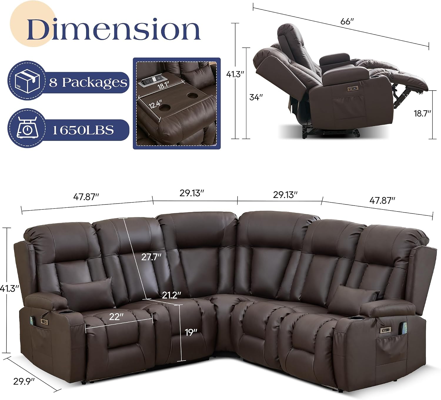 TUNYI Power Loveseat Recliner Sofa with Massage & Heat Home Theater Seating with Console RV Recliner Loveseat Sofa with USB/Storage/Side Pocket/LED Light/Speaker (Light Brown, 4 Seat with Corner)