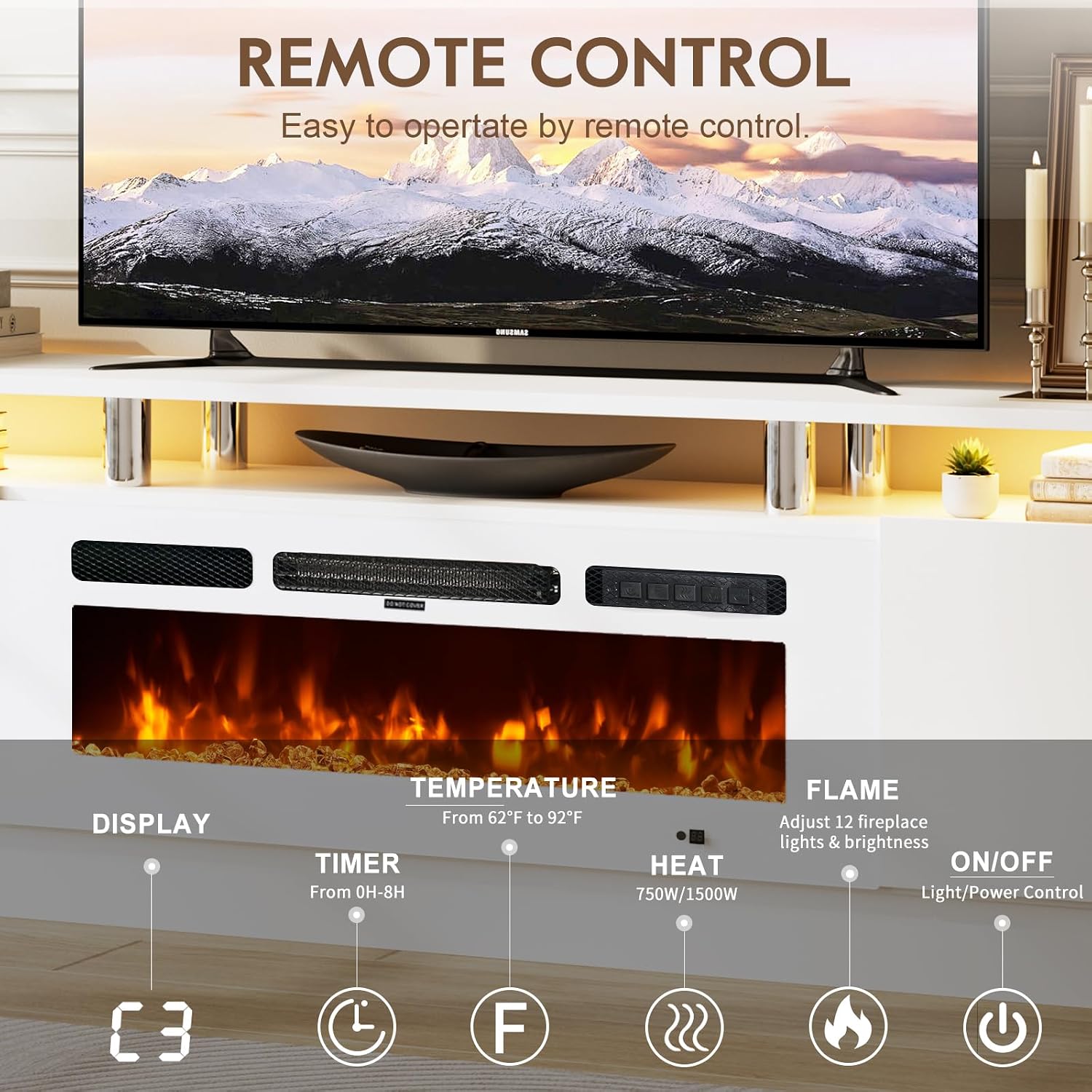 70' TV Stand for Living Room, Entertainment Center & Media Console with Storage, Fits TVs up to 80', Modern TV Cabinet with Shelves, 36' Electric Fireplace (All White)
