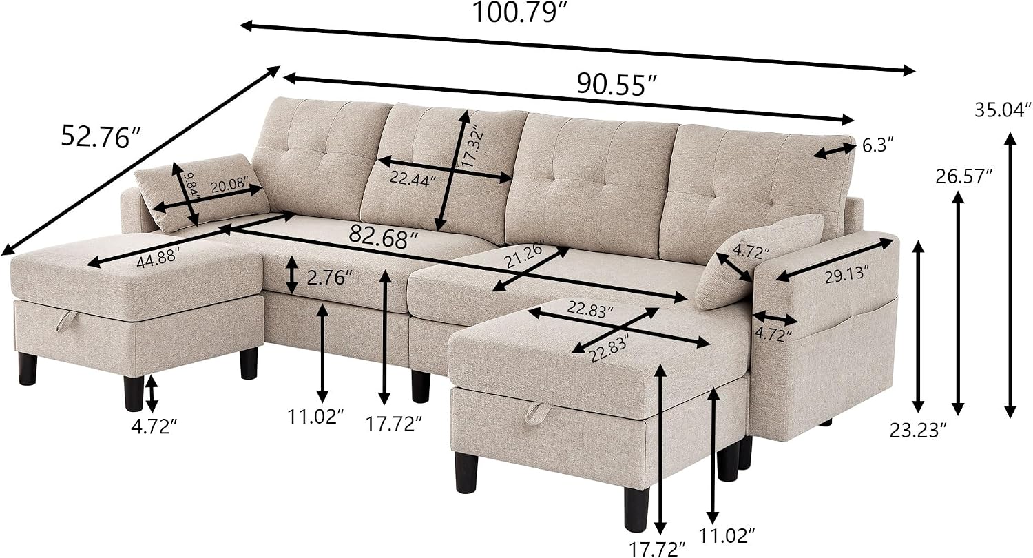 101' Convertible Sectional Sofa, Modern Linen Fabric U-Shaped Couch with 2 Storage Ottomans and Storage Pocket, 4 Seat Sofa Couches for Living Room, Apartment, Office, Beige