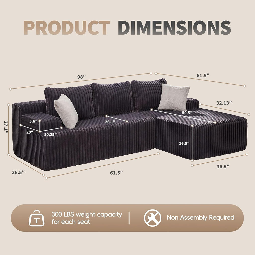 Modular Sectional Sofa Couches L-Shape Couch 3 Seat Modular Sofa Memory Foam Sectional Couches for Living Room, Cloud Couch with Oversized Chaise (Grey Stripe, 98' Right Facing Chaise)