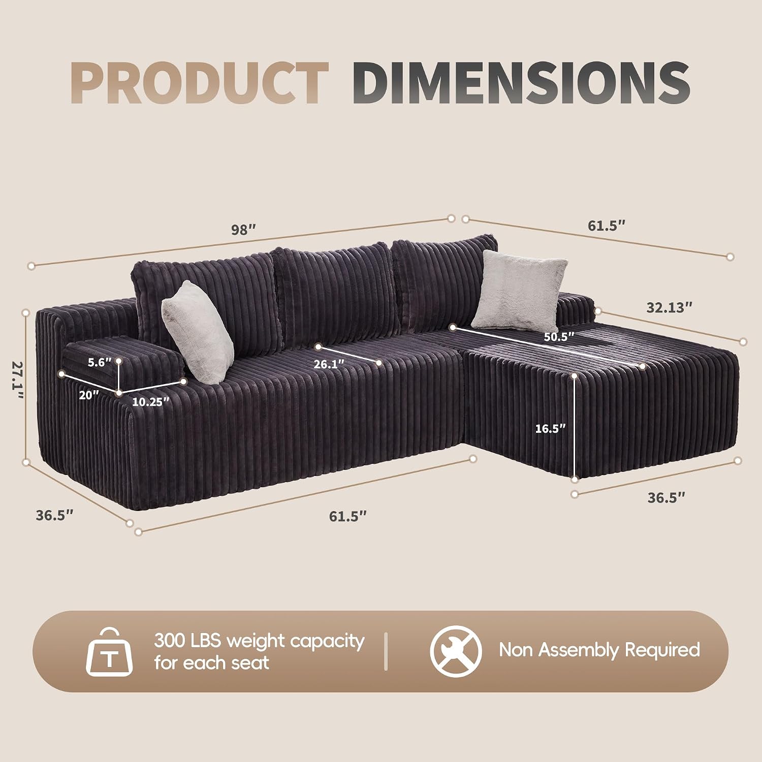 Modular Sectional Sofa Couches L-Shape Couch 3 Seat Modular Sofa Memory Foam Sectional Couches for Living Room, Cloud Couch with Oversized Chaise (Grey Stripe, 98' Right Facing Chaise)