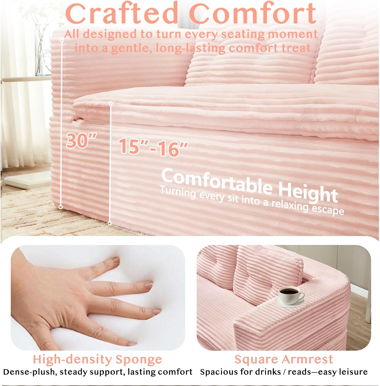 80'' Futon Sofa Bed, King Size Foldable Sleeper Sofa, Corduroy Boneless Loveseat Couch with Chaise Lounge, 3 Pillows, Blanket, Upholstered Sectional Couches for Living Room,Bedroom, Baby Pink