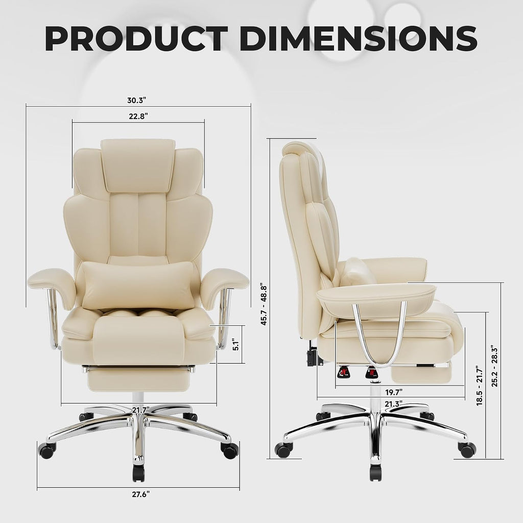 Office Chair, Big Executive Office Chair with Footrest, Ergonomic Reclining Chair High Back,Leather Computer Chair for Adult(Beige)
