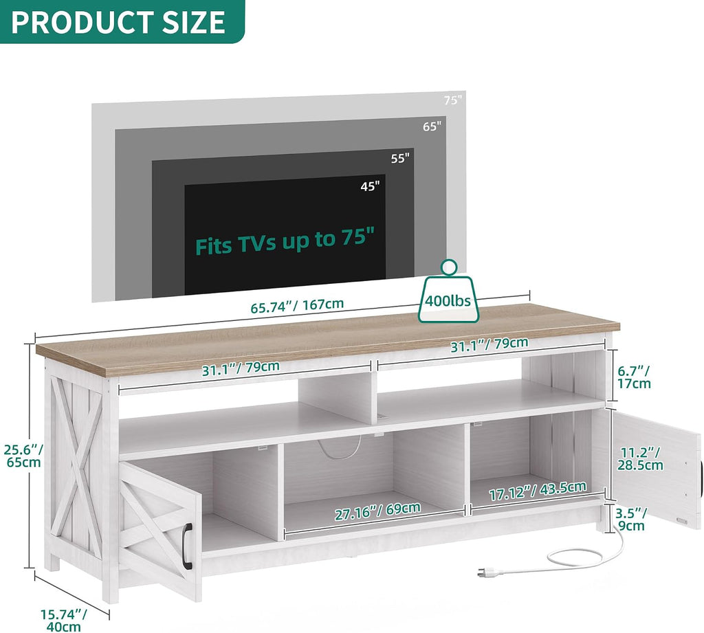 YITAHOME Farmhouse TV Stand for 65/75 Inch Television, Entertainment Center Television Stand with Power Outlets and Open Shelf, Media Console TV Cabinet for Living Room, Grey White/Grey Wash