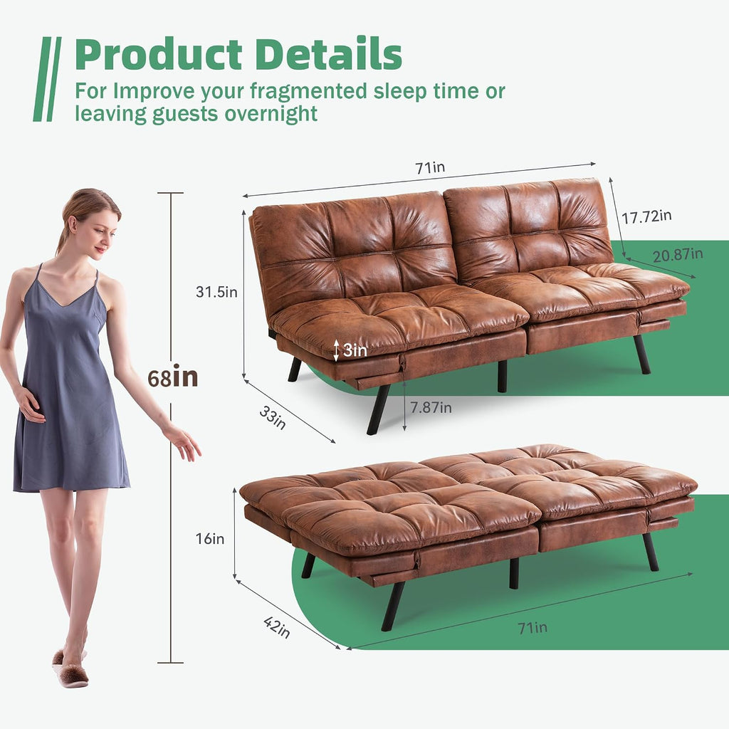 Opoiar 71' L Covertible Futon Sofa Bed,Faux Leather Futon Couch, Memory Foam Modern Loveseat Sleeper, Small Splitback Sofa Couches for Living Room,RV,Home Office,Apartment,Brown