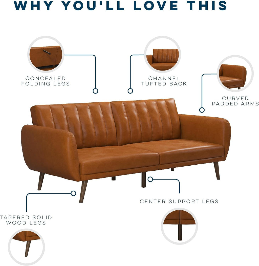 Novogratz Brittany Futon Sofa Bed and Couch Sleeper, Camel Faux Leather