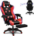 Computer Gaming Chair with LED Lights and Speakers PU Leather Office Chair with Lumbar Pillow Support and Footrest, Massage Gamer Chair High Back Video Game Chair for Adult Teens,Red
