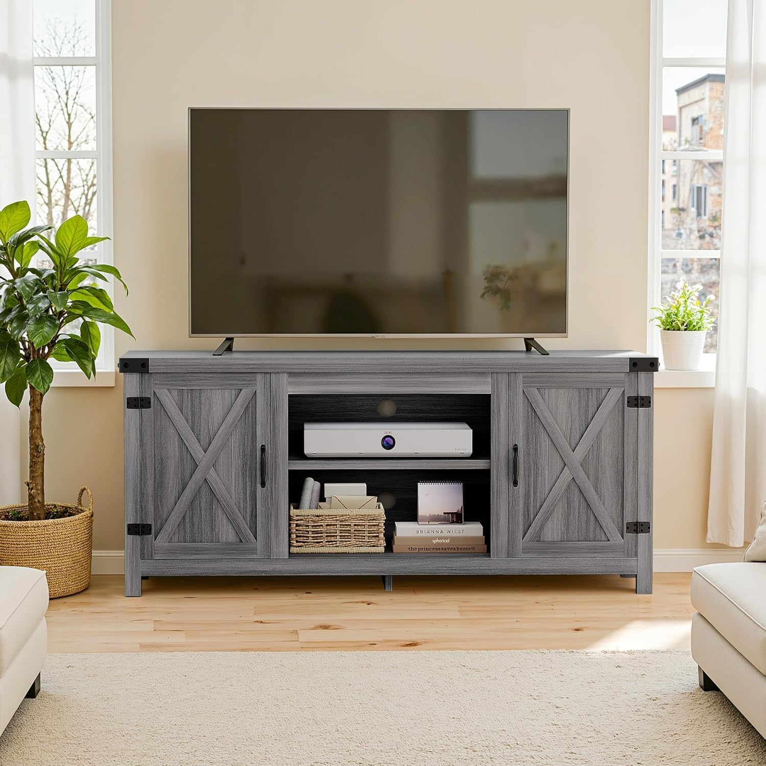 YESHOMY Modern Farmhouse TV Stand with Two Barn Doors and Storage Cabinets for Televisions up to 65+ Inch,Entertainment Center Console Table,Media Furniture for Living Room,Gray & Rustic