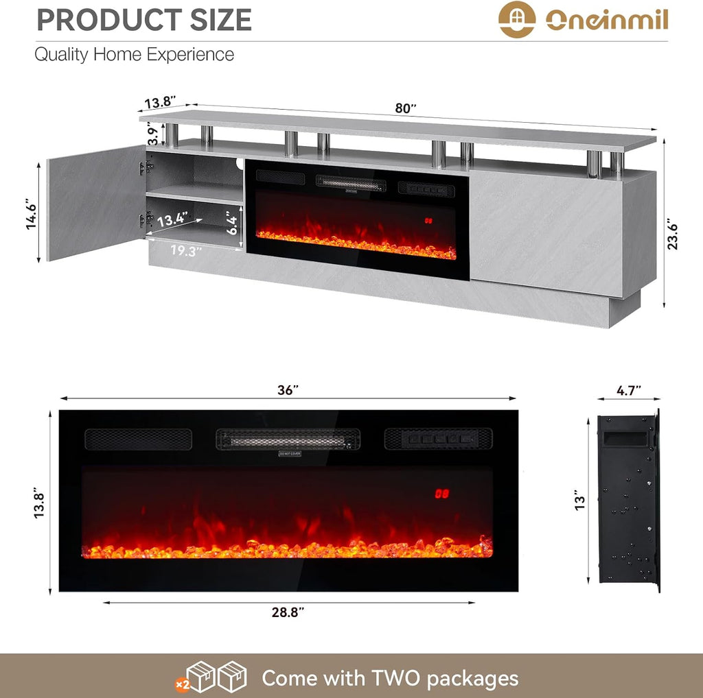 oneinmil Fireplace TV Stand with 36' Electric Fireplace, 80' 2 Tier TV Console Stand for TVs Up to 90', LED Light Entertainment Center, Fireplace for The Living Room TV Stand, Gray