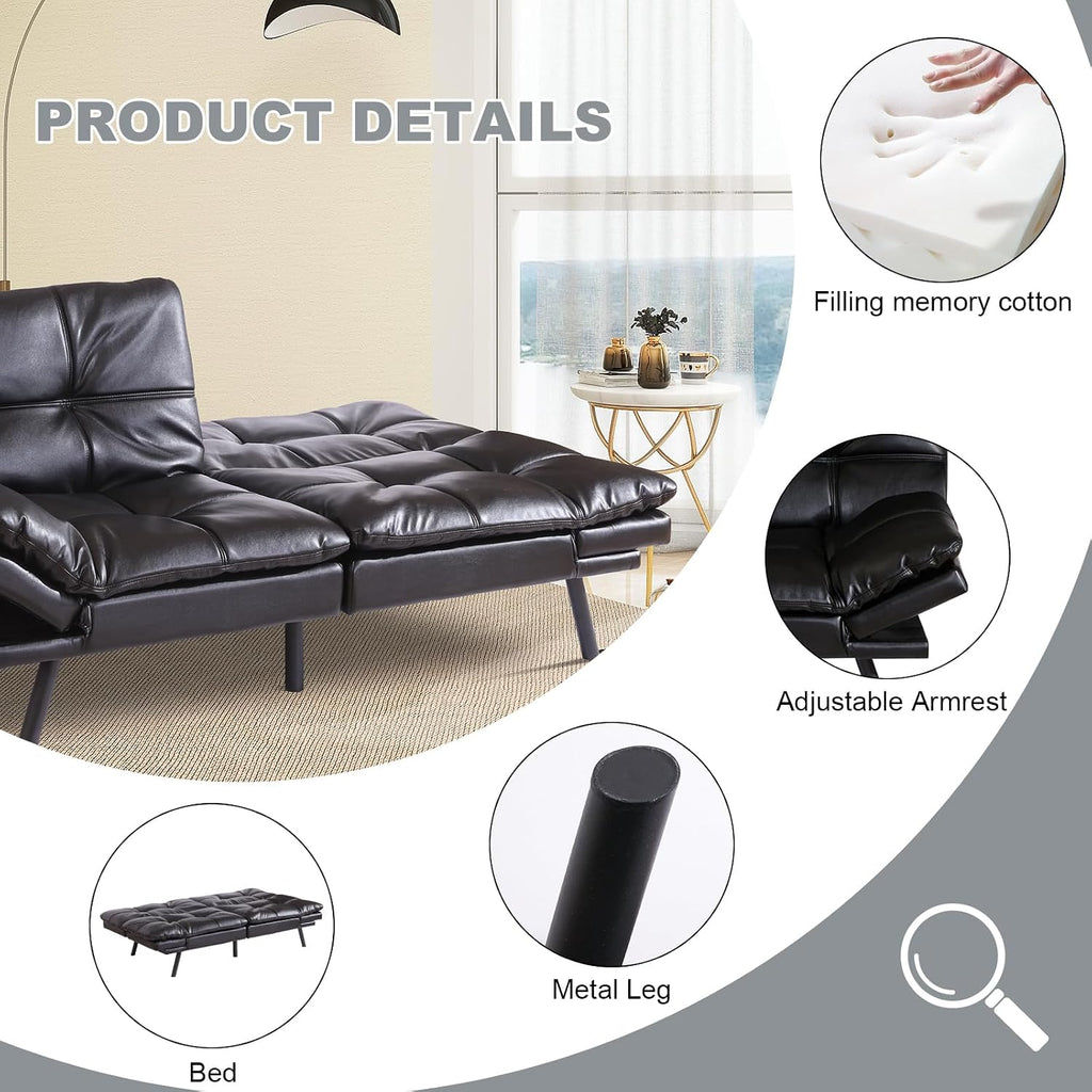 MUUEGM Futon Sofa Bed Convertible Couch,Memory Foam Futon Sofa Couch,Sleeper Futons Sofa Couches,Small Splitback Modern Loveseat Sofa Bed for Living Room,Office,Apartment,Faux Leather,Black.