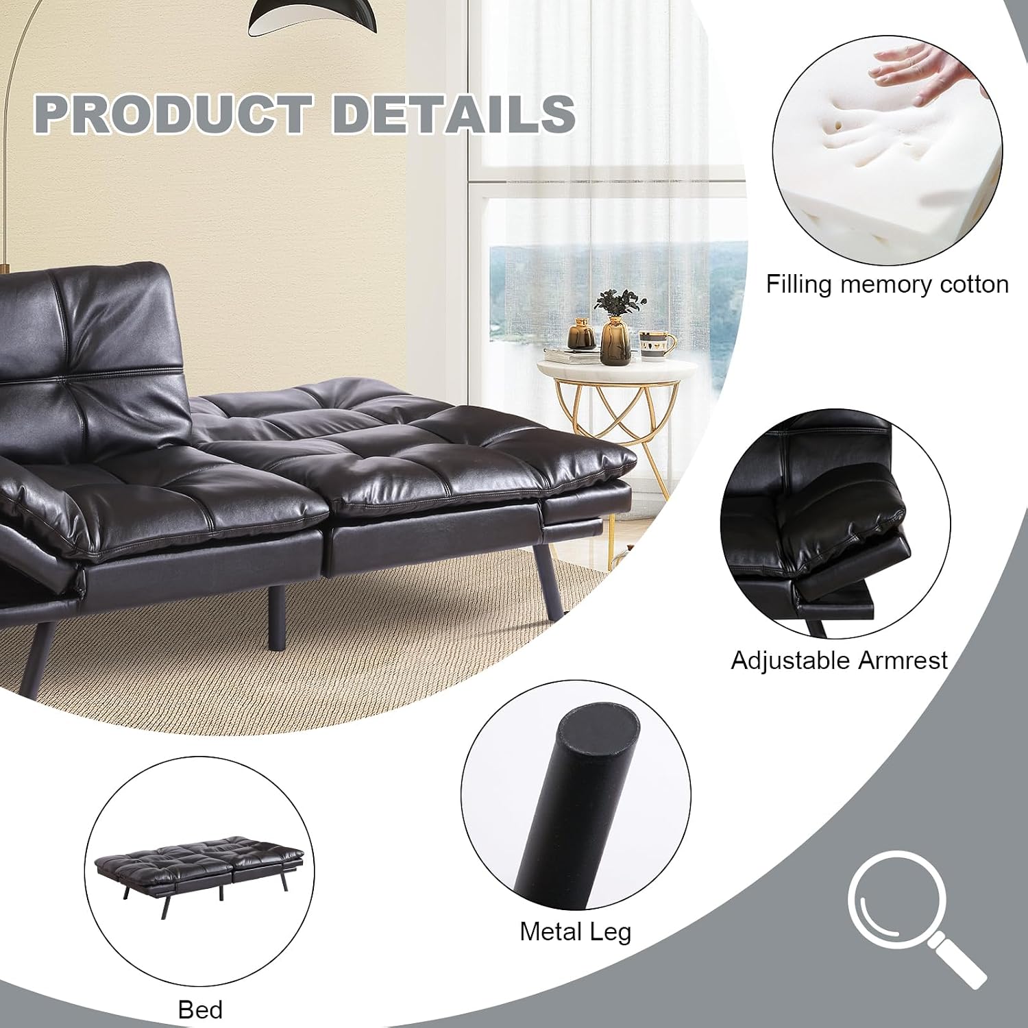 MUUEGM Futon Sofa Bed Convertible Couch,Memory Foam Futon Sofa Couch,Sleeper Futons Sofa Couches,Small Splitback Modern Loveseat Sofa Bed for Living Room,Office,Apartment,Faux Leather,Black.