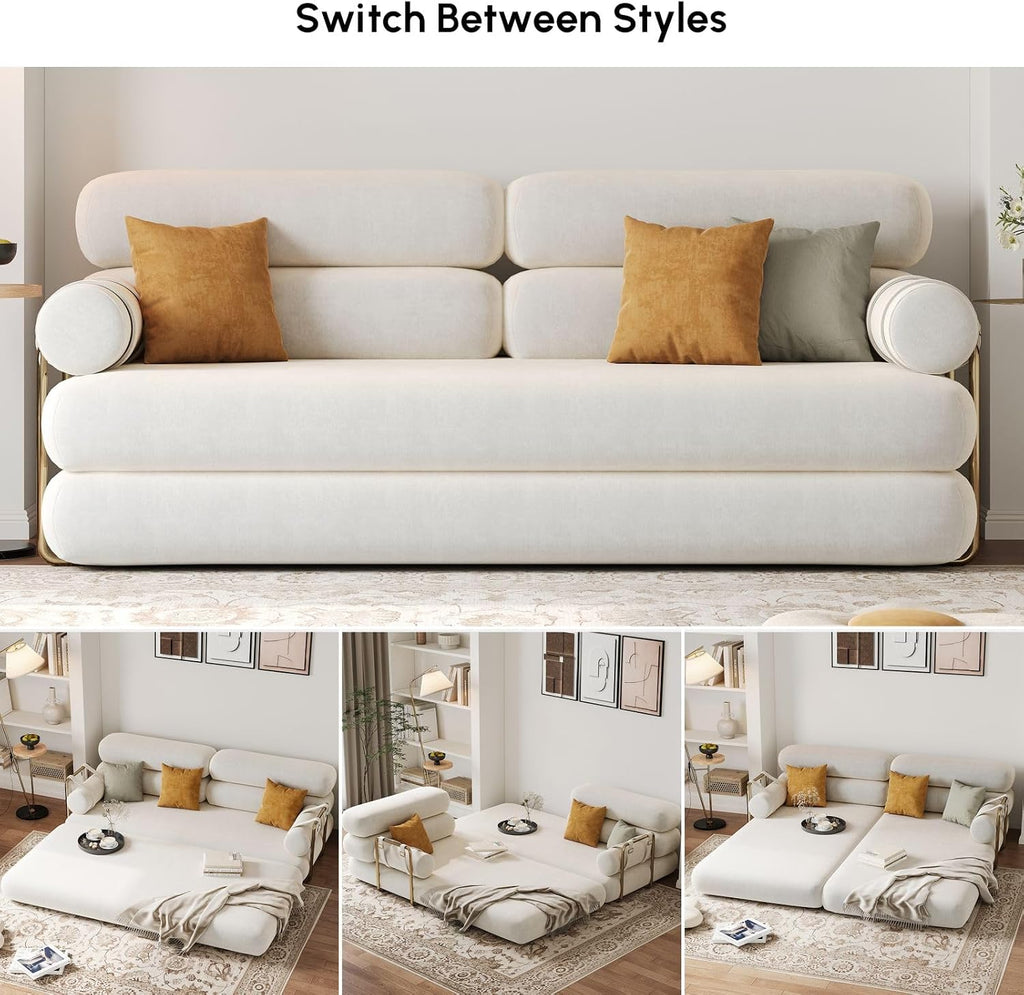 homary Velvet Futon Sofa Bed, 81' Convertible Sleeper Couch with Detachable Bolster Pillows, Stainless Steel Legs, Modern 3-Seater Sofa for Living Room, Apartment & Small Spaces (White)