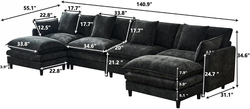Eafurn 141' Oversized Modular Sectional Sofa Convertible U Shaped Couch for Living Room - 6 Seater Chenille Couches Set with Ottomans and Waist Pillows for Living Room Apartment