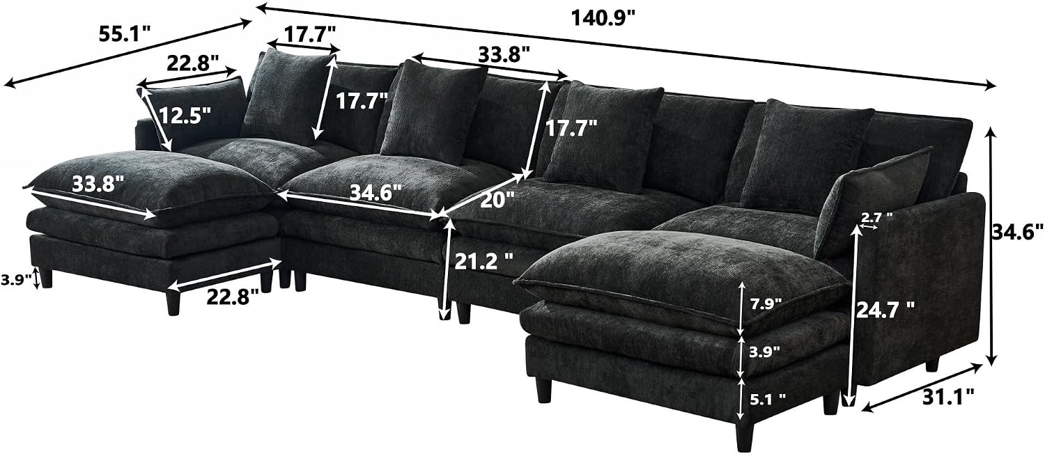 Eafurn 141' Oversized Modular Sectional Sofa Convertible U Shaped Couch for Living Room - 6 Seater Chenille Couches Set with Ottomans and Waist Pillows for Living Room Apartment