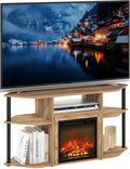 Furinno Jensen Fireplace TV Stand, Corner Entertainment Center, TV Console for TV up to 55 Inch with Fireplace, Plastic Poles and Open Storage, for Living Room, Bedroom, Flagstaff Oak