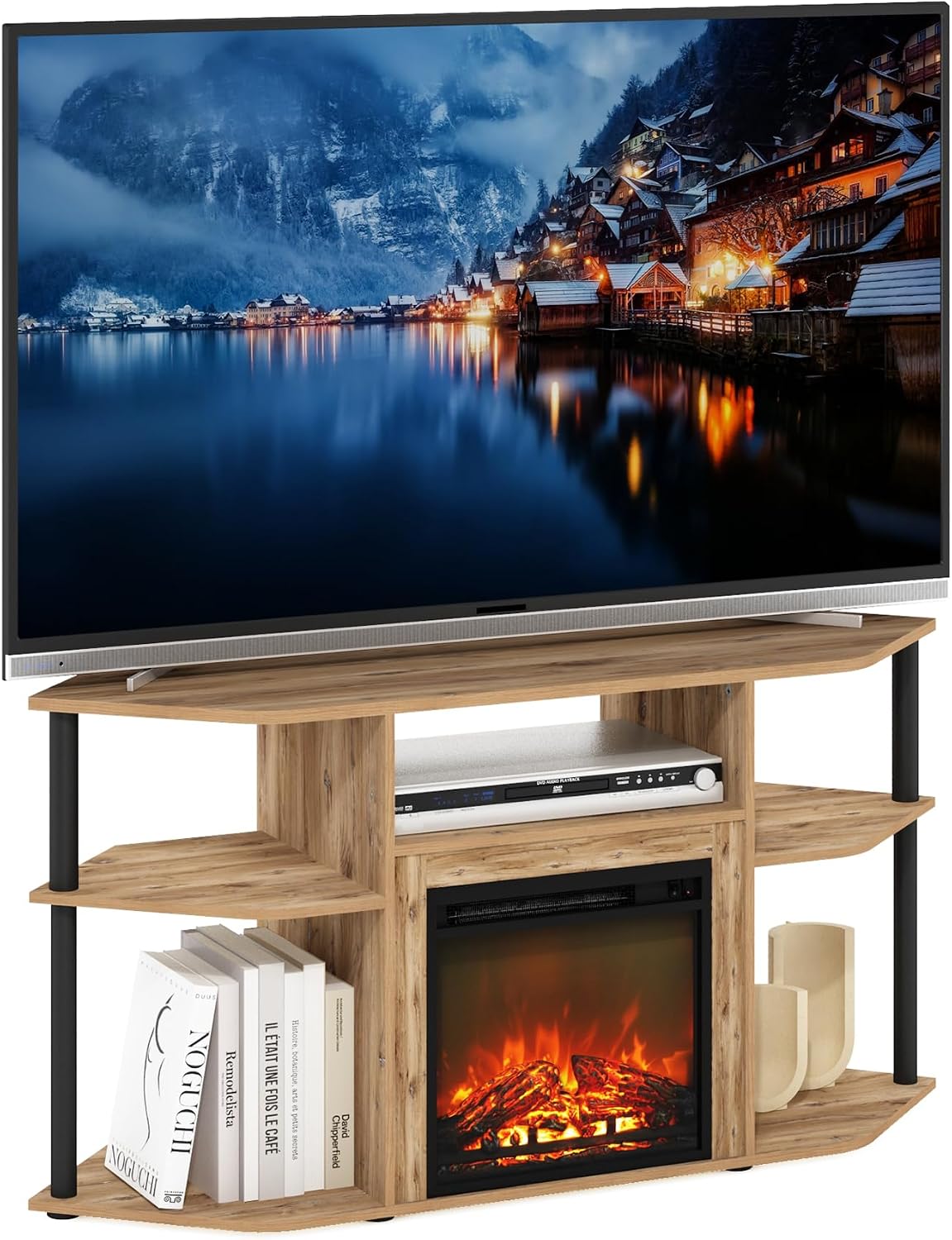 Furinno Jensen Fireplace TV Stand, Corner Entertainment Center, TV Console for TV up to 55 Inch with Fireplace, Plastic Poles and Open Storage, for Living Room, Bedroom, Flagstaff Oak