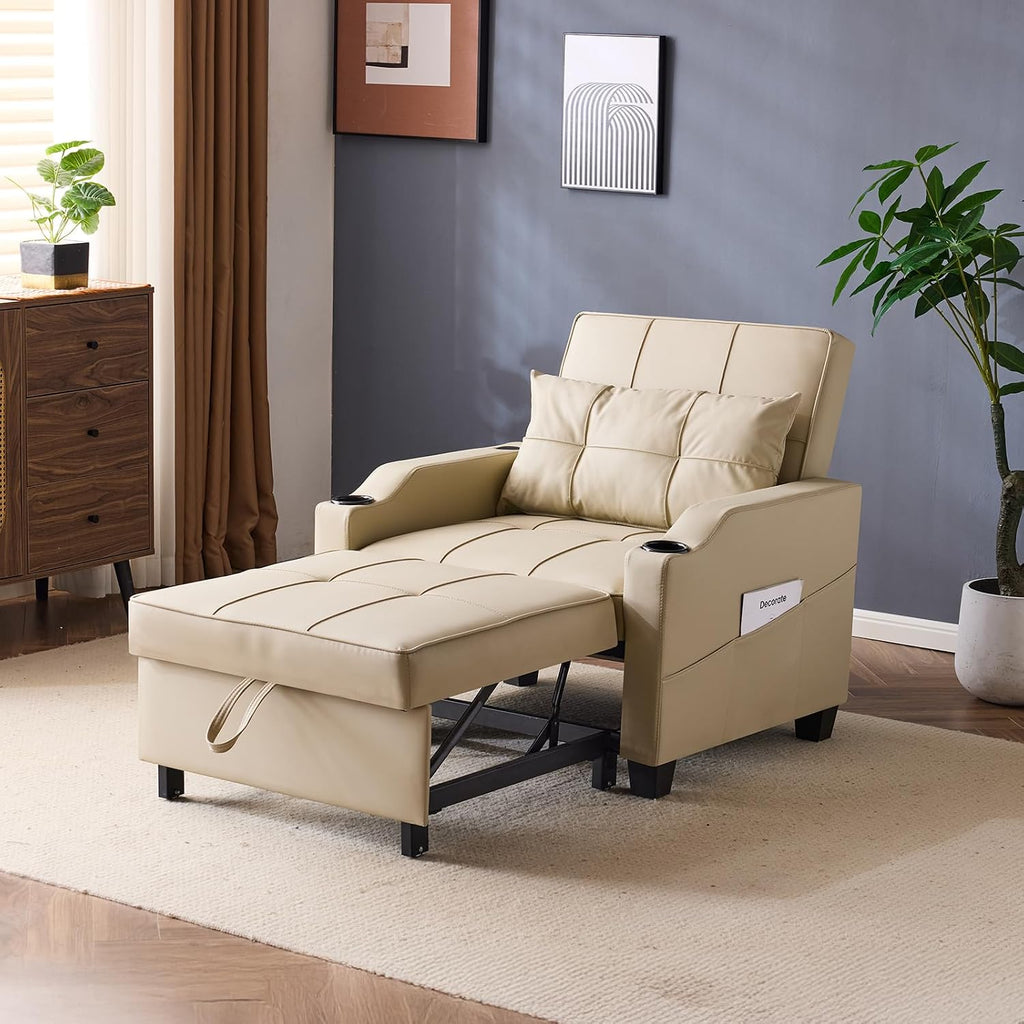 VINGLI Beige Sleeper Chair Bed 3-in-1 Convertible Futon Sofa Bed Pull Out Couch Bed Adjustable Recliner Chair with USB Ports Cup Holders Side Pockets for Living Room Bedroom Small Spaces