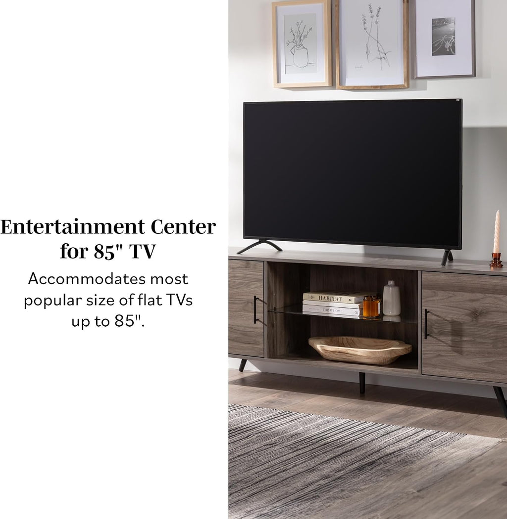 Walker Edison Saxon Mid Century Modern 2 Door Glass Shelf TV Stand for TVs up to 80 Inches, 70 Inch, Grey