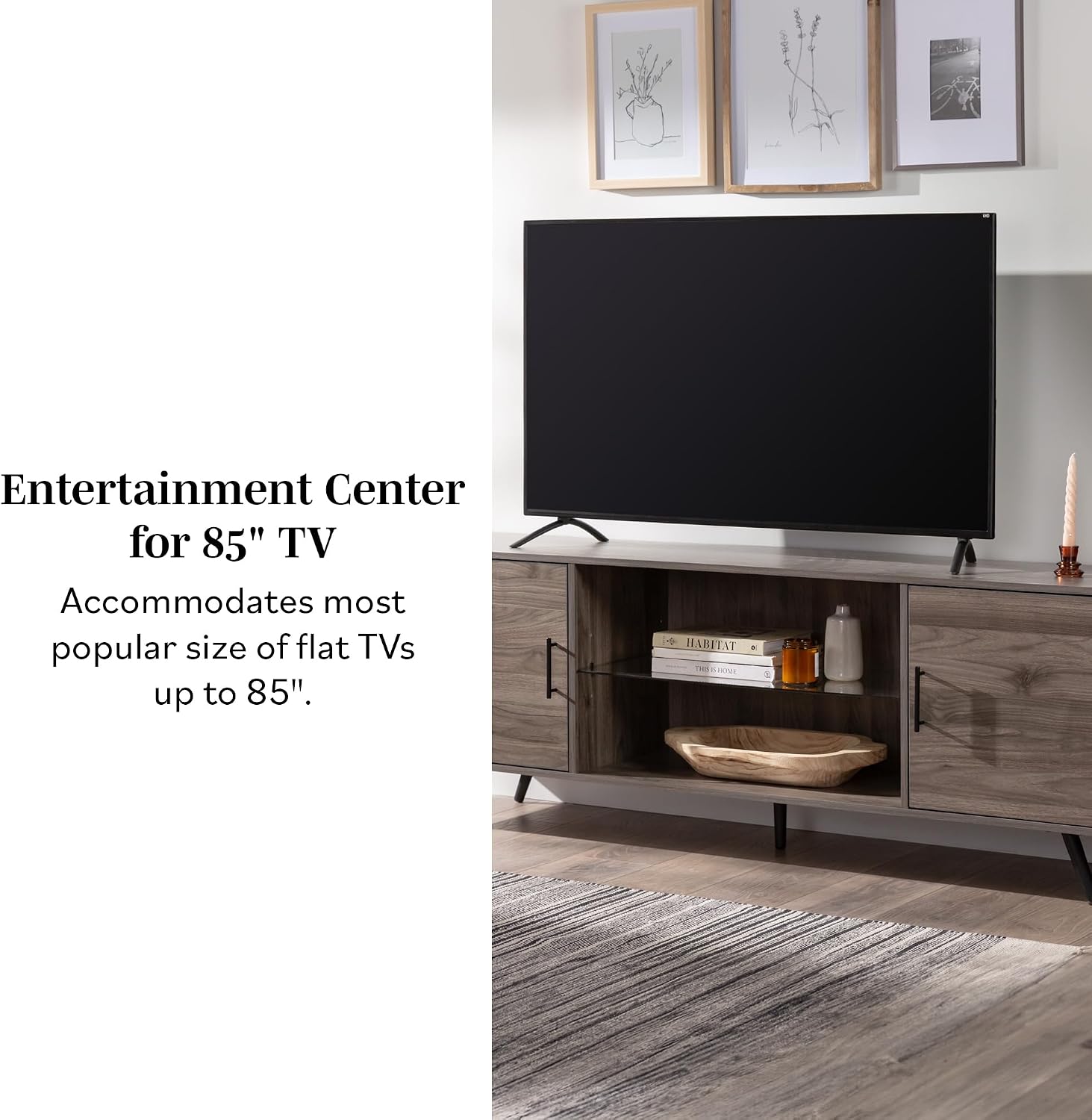 Walker Edison Saxon Mid Century Modern 2 Door Glass Shelf TV Stand for TVs up to 80 Inches, 70 Inch, Grey