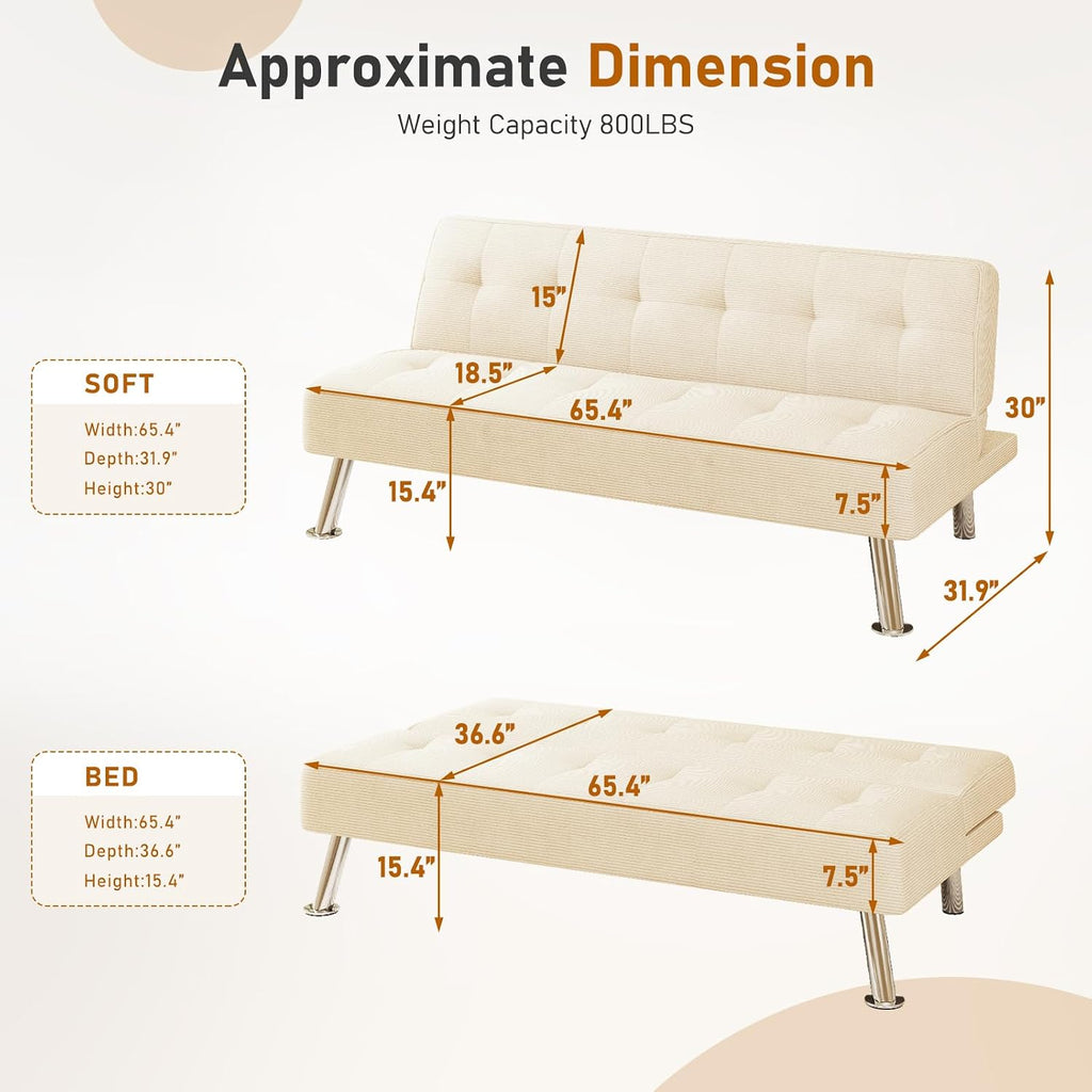Furnimart Futon Sofa Bed, 66' Corduroy Convertible Futon Couch with 3-Position Adjustable Backrest, Solid Wood Frame Sleeper Sofa for Small Space, Living Room, Apartment, Office, Beige