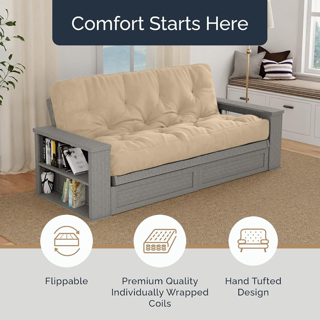 Loosh Home | 10' Queen Size Futon Sofa Bed Pocket Coil Foam Mattress - USA Made, Beige, No Frame