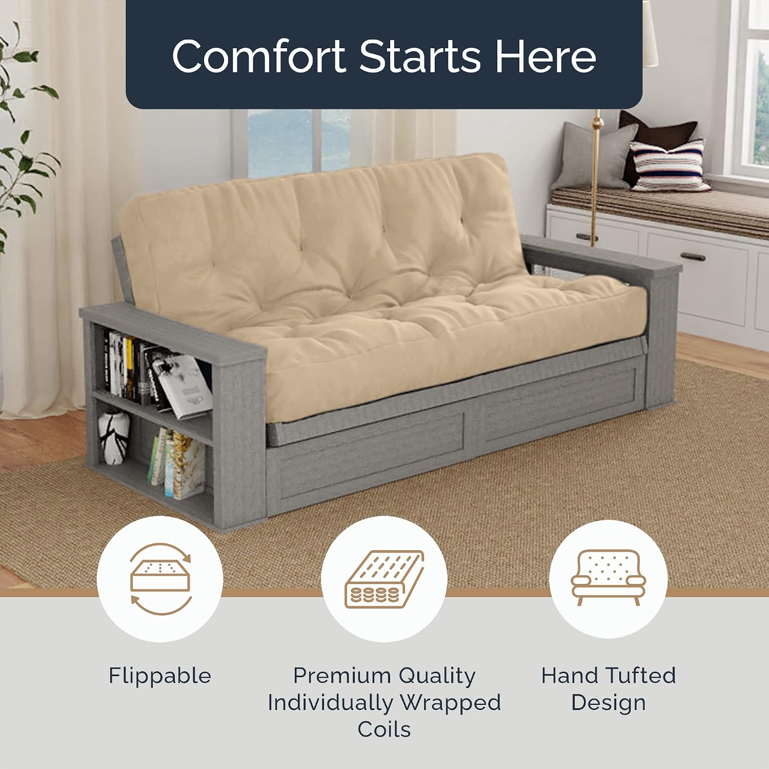 Loosh Home | 10' Queen Size Futon Sofa Bed Pocket Coil Foam Mattress - USA Made, Beige, No Frame