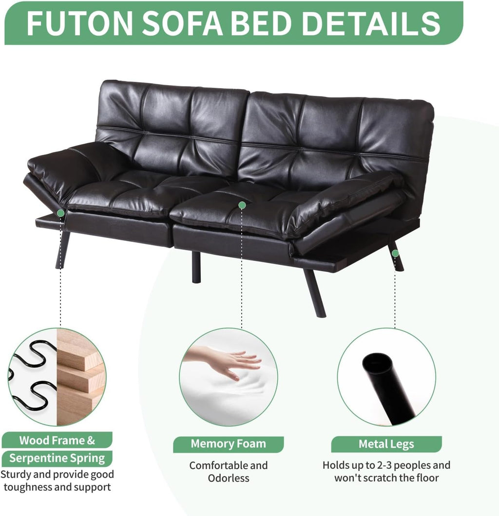 MUUEGM 71' Futon Sofa Bed, Convertible Couch Filled with Memory Foam, Modern Loveseat with Adjustable Backrest&Armrest, Sofas for Living Room,Game Room,Dormitory,Office.Black Leather