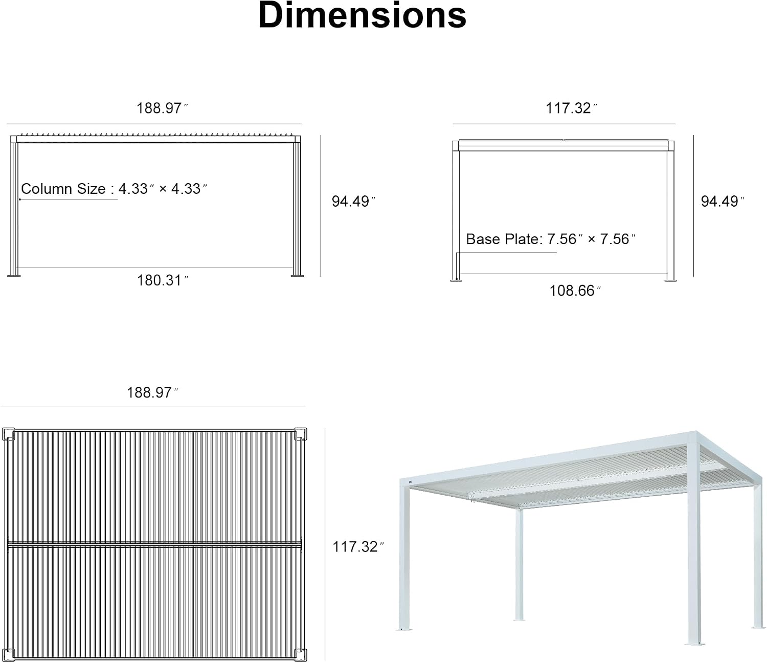 PURPLE LEAF Louvered Pergola 10' x 16' White Outdoor Aluminum Pergola Adjustable Gazebo Rainproof for Patio Deck Garden, 1 Long Side