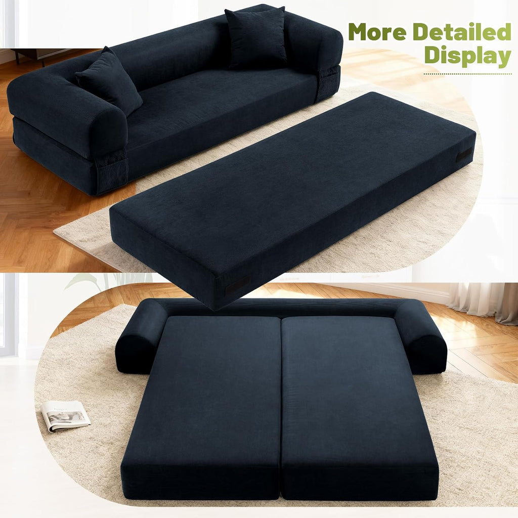Convertible Futon Sofa Bed,80' Folding Pull Out Couch Bed with Storage,Queen Sleeper Sofa Bed,Compressed Couch in a Box,Corduroy Boneless Couches for Living Room,Deep Blue