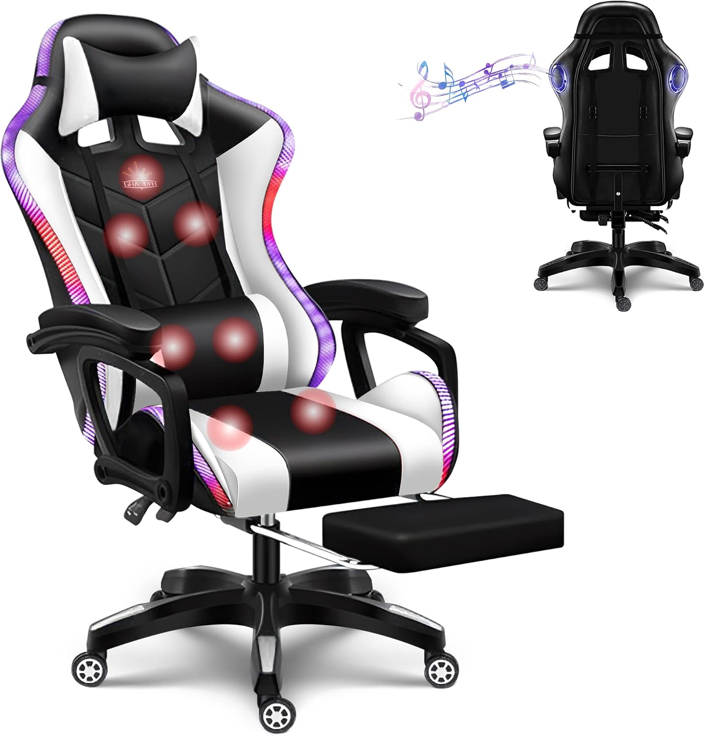 Computer Gaming Chair with LED Lights and Speakers PU Leather Office Chair with Lumbar Pillow Support and Footrest, Massage Gamer Chair High Back Video Game Chair for Adult Teens,White