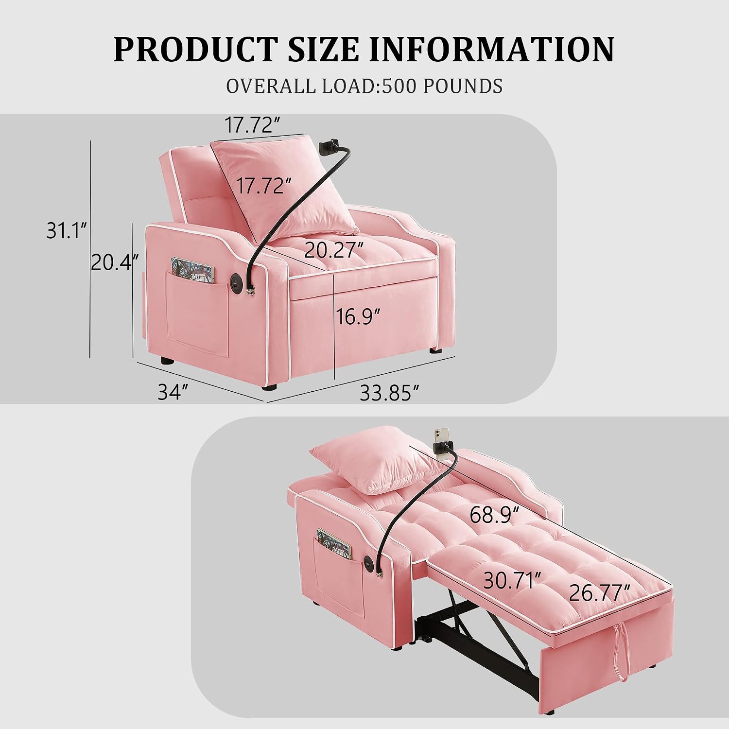 Convertible Single Sleeper Chair Bed,3 in 1 Velvet Futon Sleeper Sofa Bed with Phone Holder&USB Ports,Pull Out Couch Bed,Adjustable Recliner Armchair bed for Living Room,Office,Small Places(Pink)