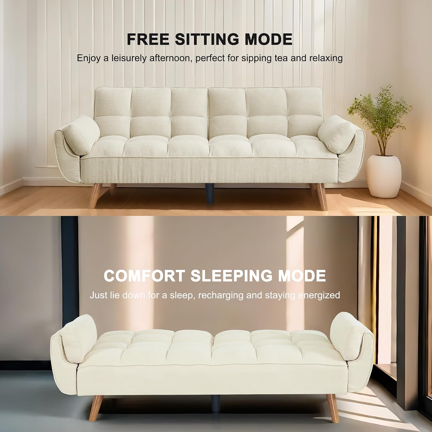 Convertible futon Sofa Bed, Sleeper Sofa Bed with Adjustable backrest, Small Space Small Sofa, Living Room, Bedroom (Beige)