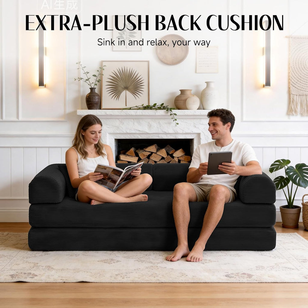 79' Corduroy Sofa Bed, Boneless Couch in a Box with 2 Pillows, High-Density Foam 4-in-1 Foldable Sleeper Futon Loveseat for Small Spaces, No Assembly,Black
