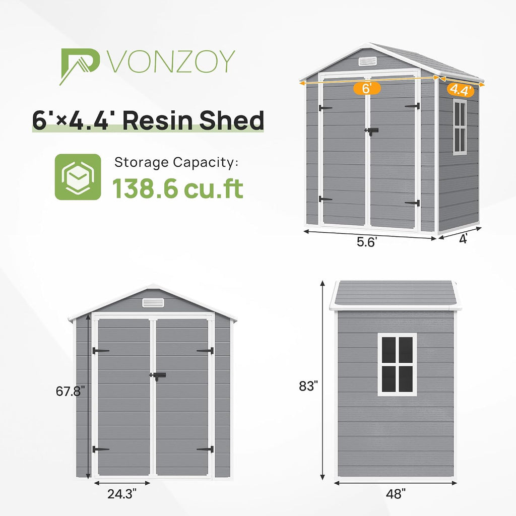 Resin Storage Sheds with Floor, 6x4.5 FT Plastic Garden Shed with Lockable Door, Window, Waterproof, Outdoor Tool Storage for Bike, Garbage Can, Grey White, Light Grey