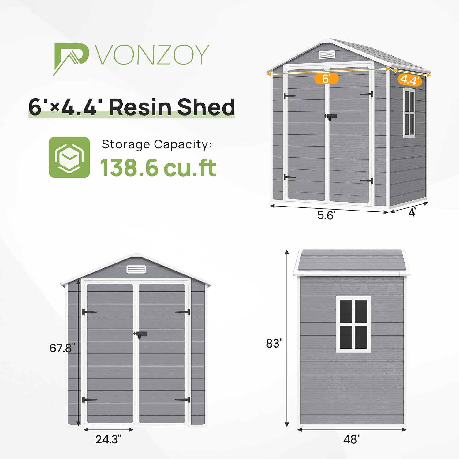 Resin Storage Sheds with Floor, 6x4.5 FT Plastic Garden Shed with Lockable Door, Window, Waterproof, Outdoor Tool Storage for Bike, Garbage Can, Grey White, Light Grey