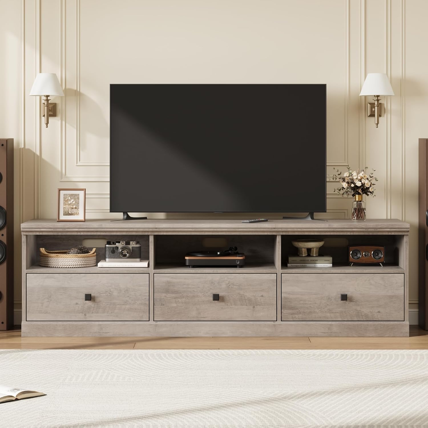 IDEALHOUSE 70in TV Stand for TVs up to 80', Mid Century Modern Entertainment Center with Storage Drawer and Open Shelves, TV Console Media Cabinet for Living Room, Bedroom, Vintage Gray