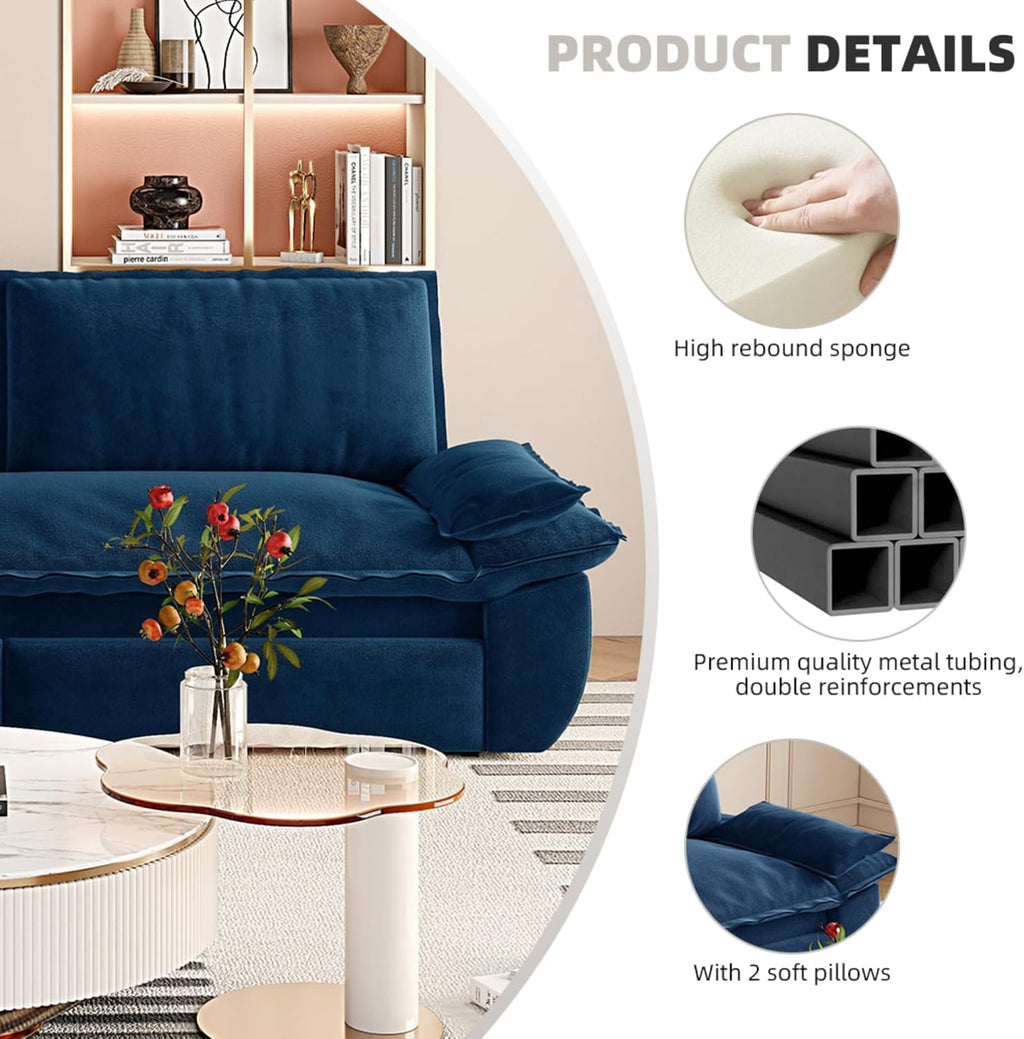 3 in 1 Convertible Queen Sleeper Sofa Bed Comfy Pull Out Futon Couch Bed 73.2' Modern Velvet Recliner Loveseat Sofa Multi-Functional Blue Cloud Couch for Living Room,Apartment,Office (Blue 73.2')