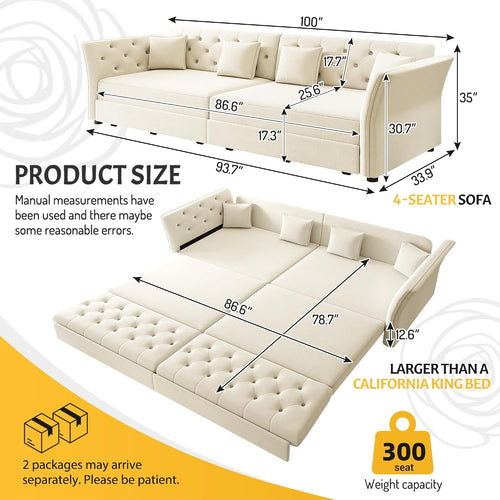 100'' Sleeper Sofa Bed California King Size, Flower Tufted Pull Out Couch, Chesterfield Velvet Futon Couches, Comfy Convertible Modern 4 seat Sofa, 4 Pillows for Living Room, Apartment, Beige