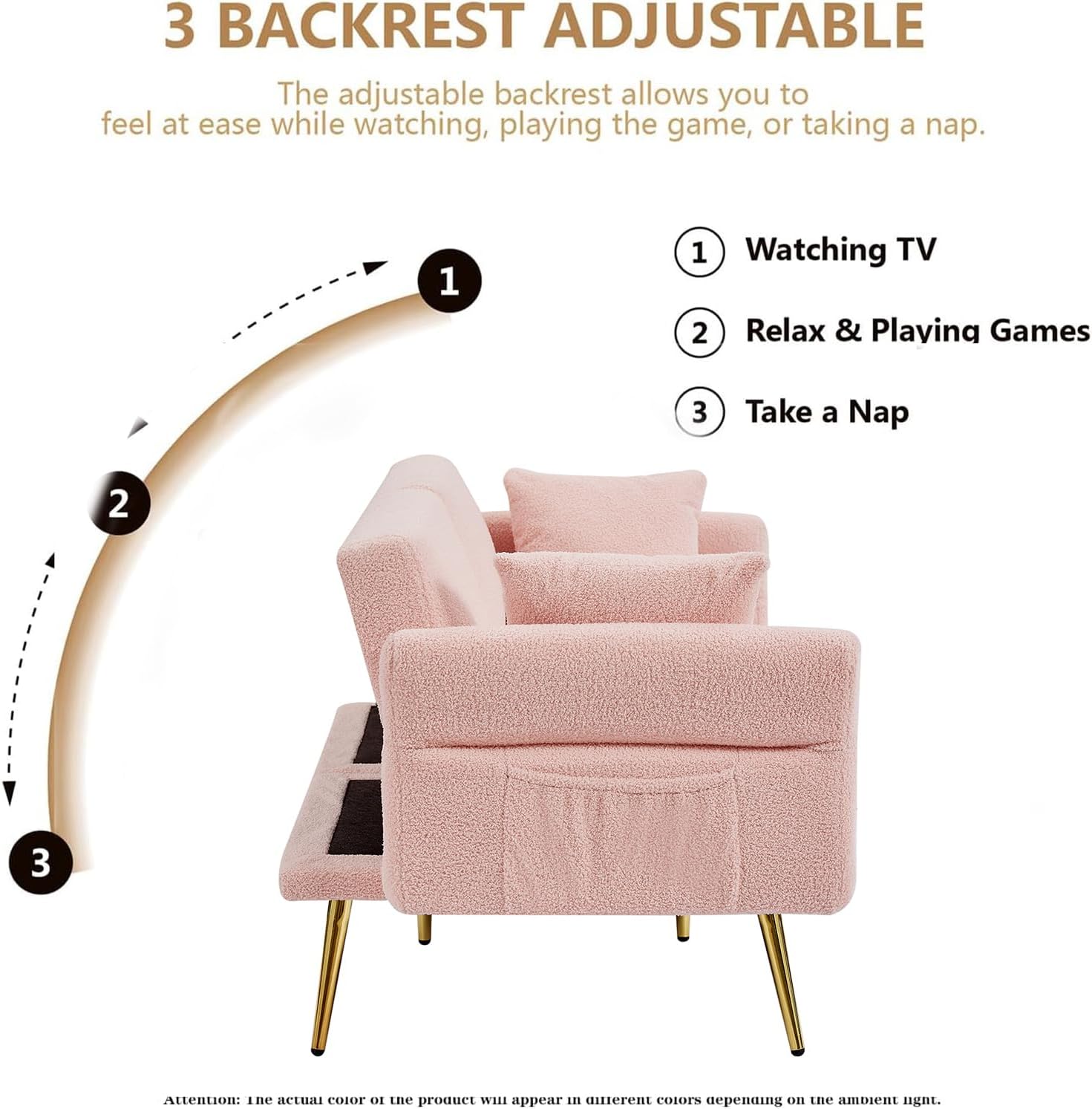 69.5'Pink Convertible Futon Sofa Bed with Adjustable Backrest and Armrests, Teddy Upholstered Loveseat Sleeper Couch with 2 Pillows and Metal Legs Love Seat for Guest Room Living Room (Pink)