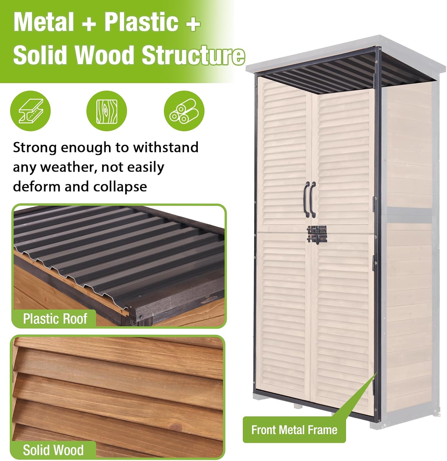 GUTINNEEN Outdoor Storage Cabinet Waterproof Metal Frame Wooden Storage Sheds Outdoor with Floor 4 Lockable Doors, 2 Adjustable Shelves, Garden Tool Shed for Patio Porch Backyard Lawn 63'
