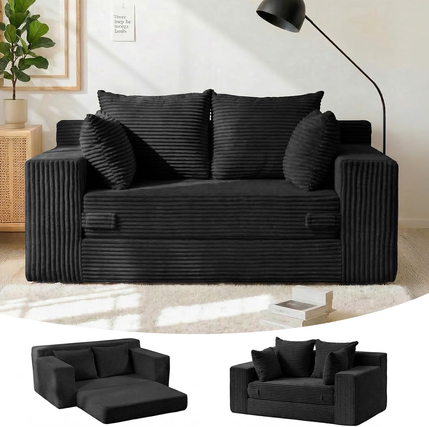 55' Small Boneless Couch, 3-in-1 Boneless Loveseat Sleeper Sofa Bed Convertible Sofa Bed with 4 Pillows, Black Corduroy Boneless Couch for Living Room, Guest Room, Small Space, No Assembly Required