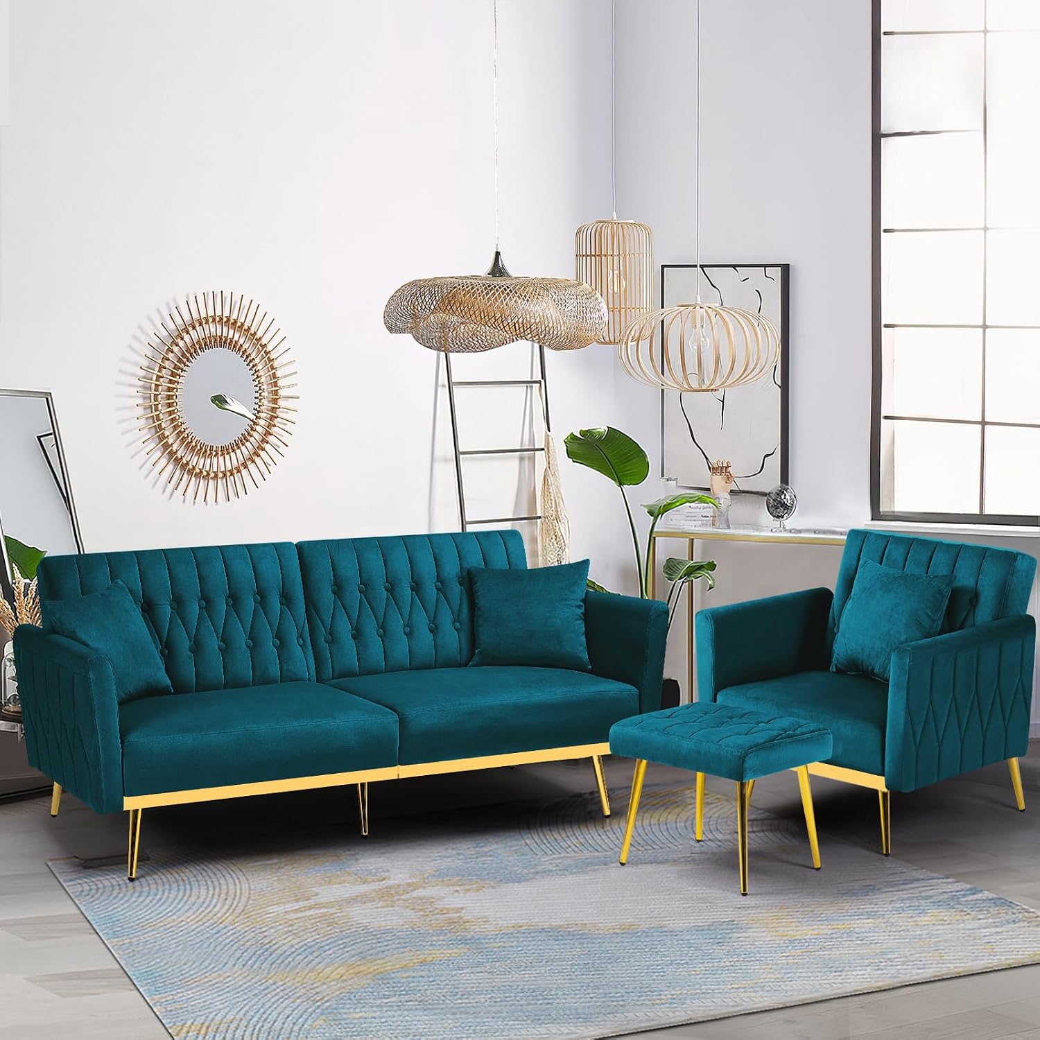 2 Pieces Velvet Sofa Set with Adjustable Armrest and Backrest, 70' Convertible Futon Sofa Bed & Mordern Accent Chair with Ottoman for Living Room, Bedroom, Teal