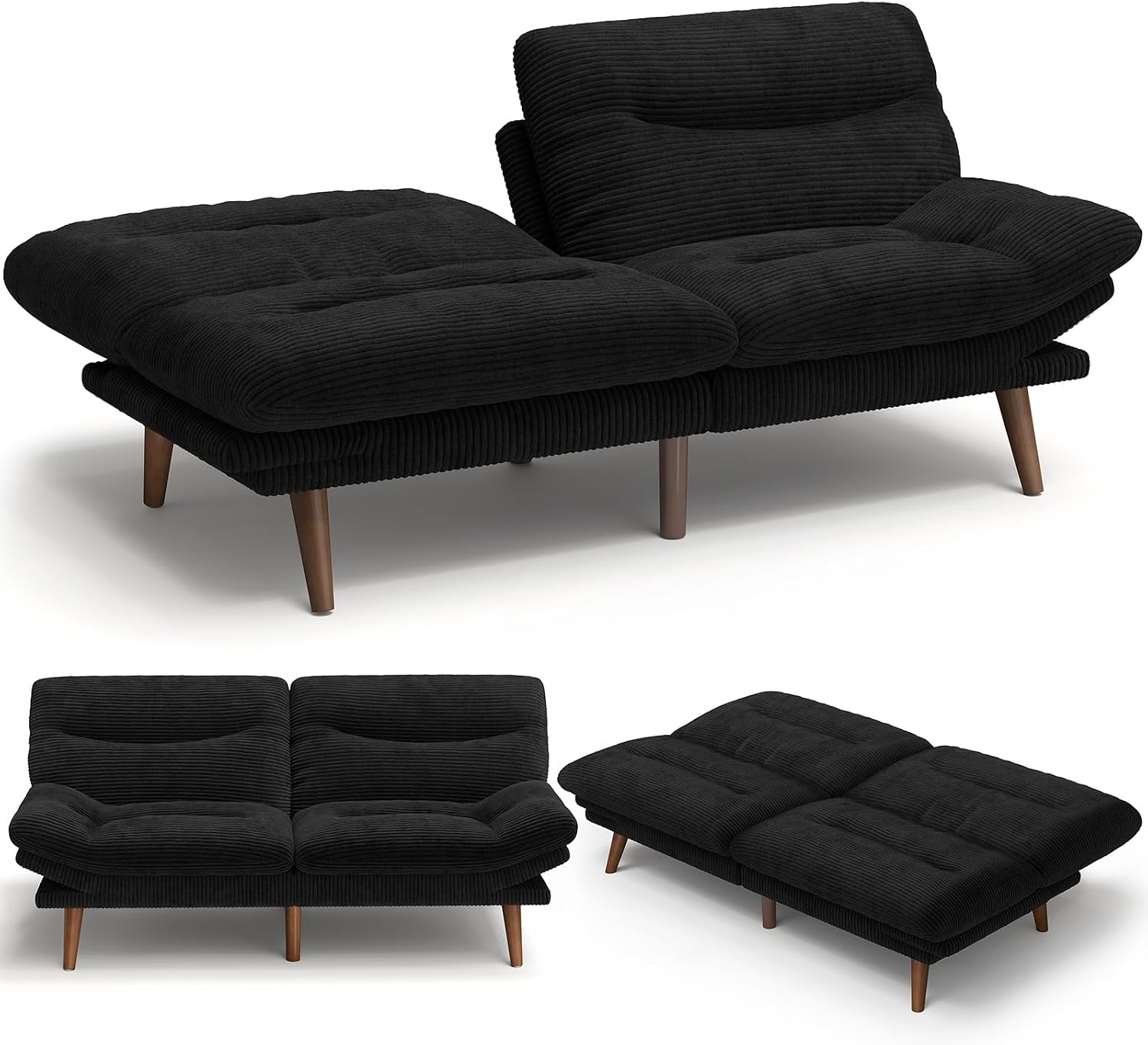 66″Futon Sofa Bed,3-in-1 Futon Couch w/Adjustable Backrest & Armrests, Convertible Sleeper Sofa Bed, Small Folding Sleeper Recliner w/Removable Cushion for Apartment, Living Room,Office (66in,Black)