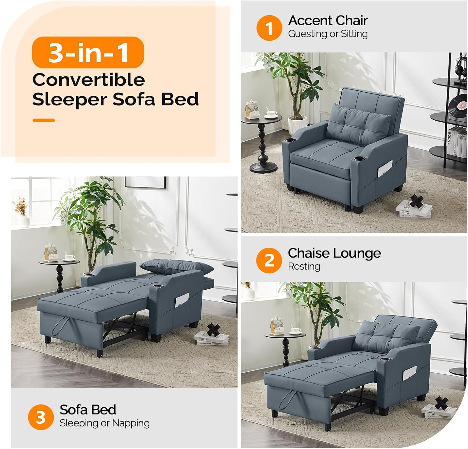 VINGLI Blue Gery Sleeper Chair Bed 3-in-1 Convertible Futon Sofa Bed Pull Out Couch Bed Adjustable Recliner Chair with USB Ports Cup Holders Side Pockets for Living Room Bedroom Small Spaces