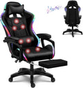Computer Gaming Chair with LED Lights and Speakers PU Leather Office Chair with Lumbar Pillow Support and Footrest, Massage Gamer Chair High Back Video Game Chair for Adult Teens,Black