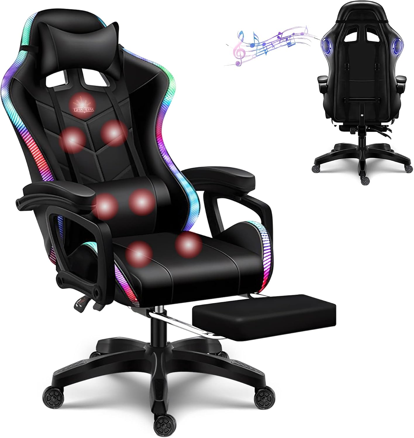 Computer Gaming Chair with LED Lights and Speakers PU Leather Office Chair with Lumbar Pillow Support and Footrest, Massage Gamer Chair High Back Video Game Chair for Adult Teens,Black
