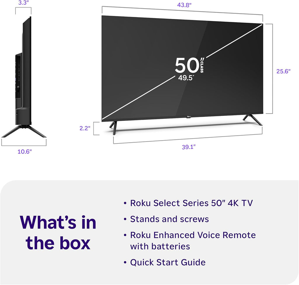 Roku Smart TV – 50-Inch Select Series, 4K HDR TV – Roku TV with Roku Remote – Flat Screen LED Television with Wi-Fi for Streaming Live Local News, Sports, Family Entertainment
